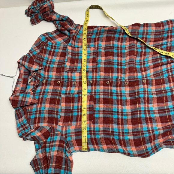 Pilcro LongLine Plaid Button Down Anthropologie Terracotta Turquoise festival  S - Picture 12 of 12